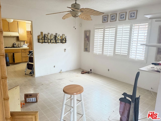 interior space featuring a textured ceiling and ceiling fan