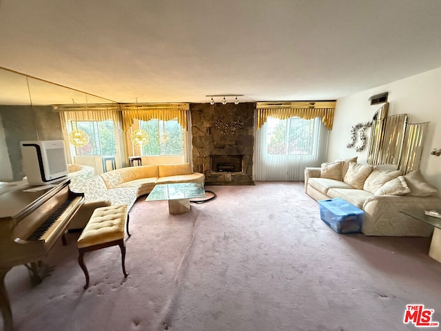 interior space featuring a stone fireplace and rail lighting