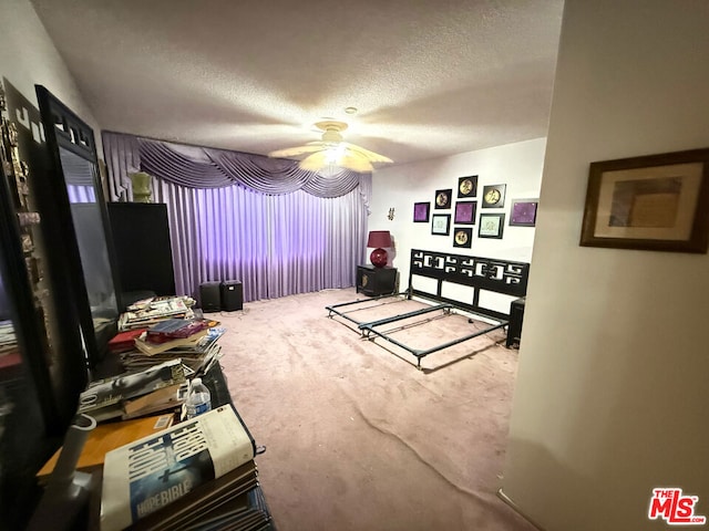 interior space featuring carpet flooring, ceiling fan, and a textured ceiling