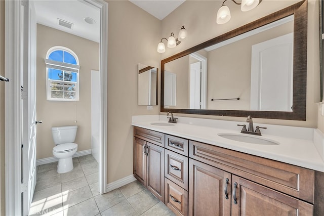 bathroom featuring vanity, toilet, and tile patterned flooring