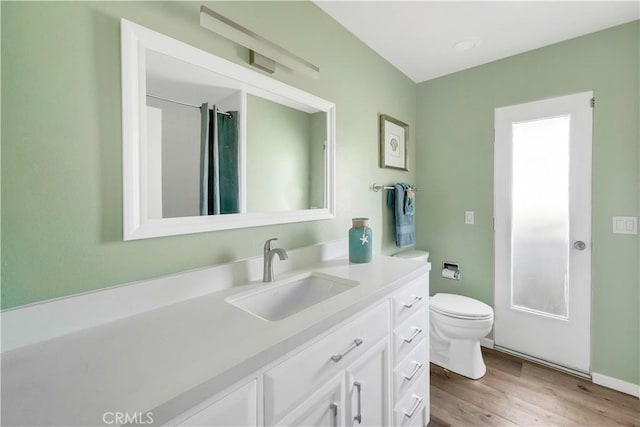 bathroom with walk in shower, vanity, wood-type flooring, and toilet