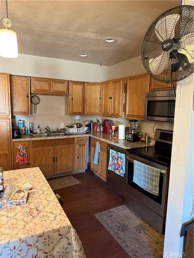 kitchen with hanging light fixtures, stainless steel appliances, dark hardwood / wood-style floors, and sink