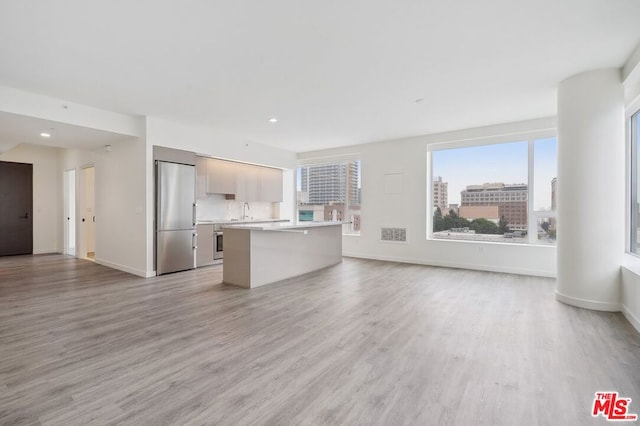 unfurnished living room featuring light hardwood / wood-style flooring and sink