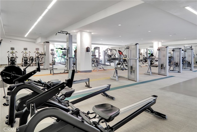 gym with light colored carpet