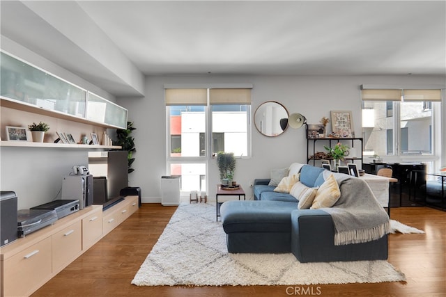 living room featuring dark wood-type flooring and a wealth of natural light