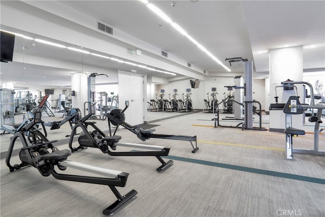 exercise room with light carpet