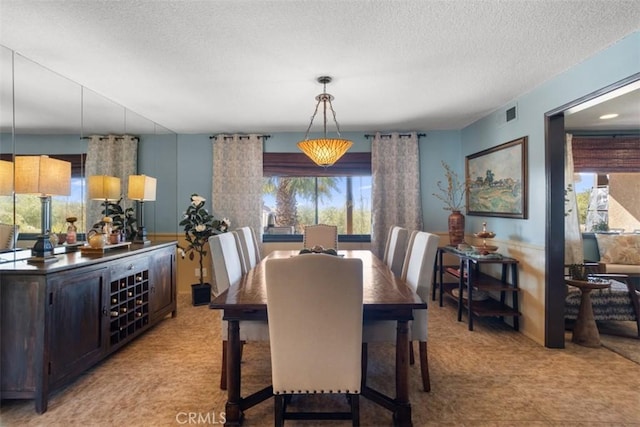 carpeted dining space with a textured ceiling