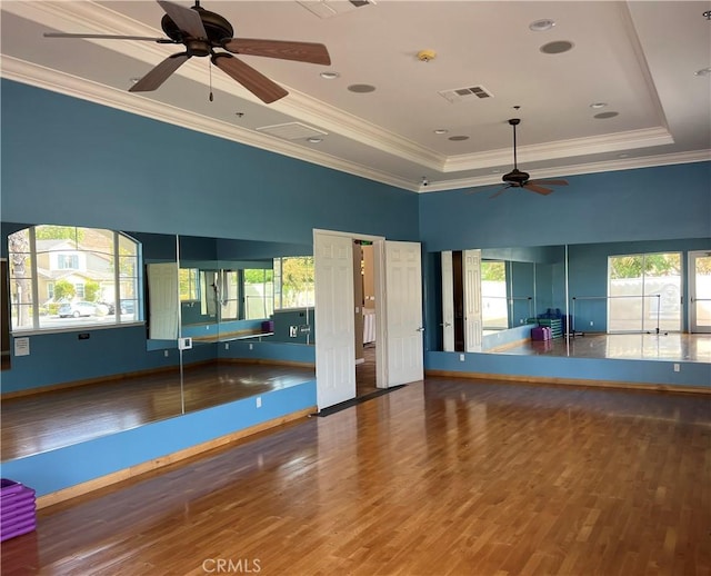 exercise room featuring wood-type flooring, a raised ceiling, ceiling fan, and ornamental molding