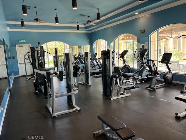 workout area with a tray ceiling, ceiling fan, and crown molding