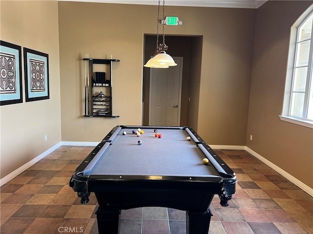 playroom with ornamental molding and billiards