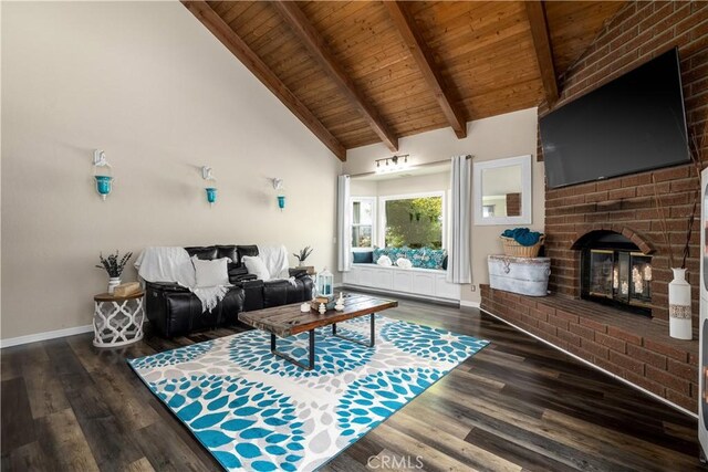 living room featuring a fireplace, wooden ceiling, dark hardwood / wood-style flooring, and beam ceiling