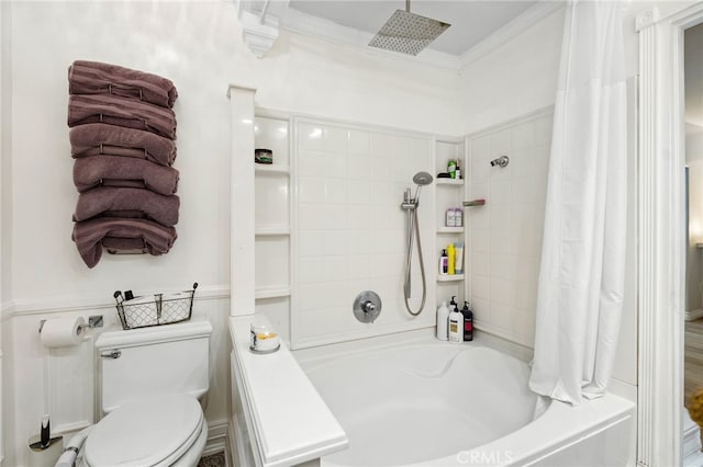 bathroom with toilet, crown molding, and shower / bathtub combination with curtain