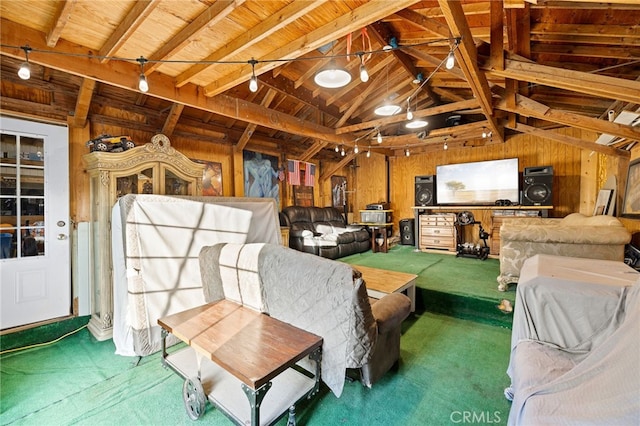 interior space with vaulted ceiling with beams, carpet floors, wooden walls, and wooden ceiling