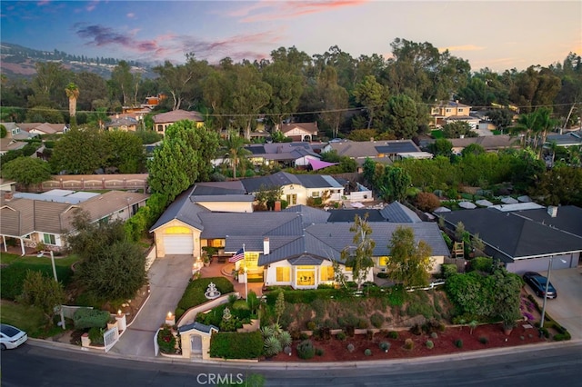 view of aerial view at dusk