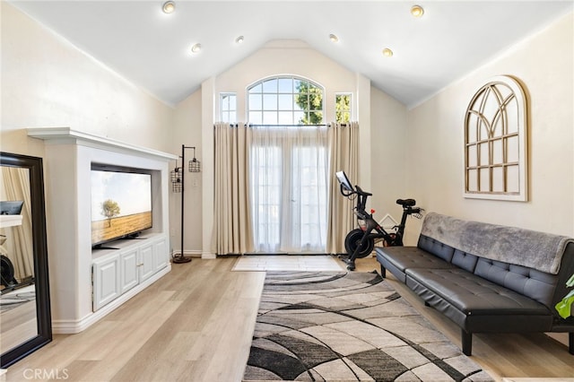 living room with lofted ceiling and light hardwood / wood-style flooring