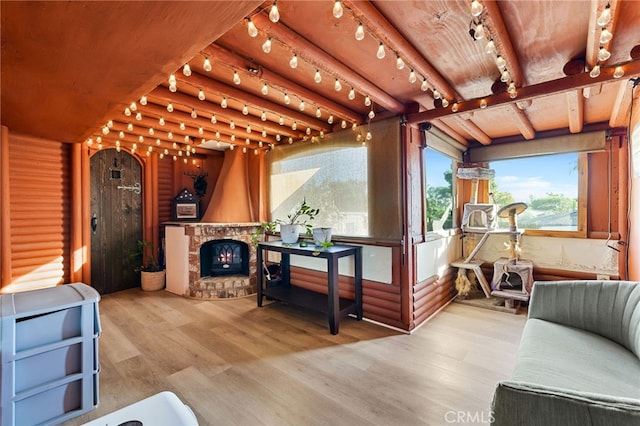 interior space featuring a fireplace and light hardwood / wood-style floors