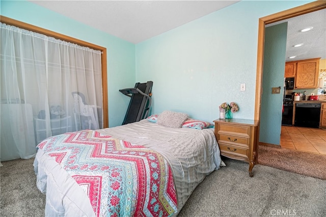 bedroom featuring light colored carpet