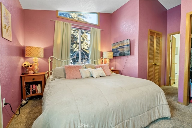 bedroom featuring carpet, vaulted ceiling, and a closet