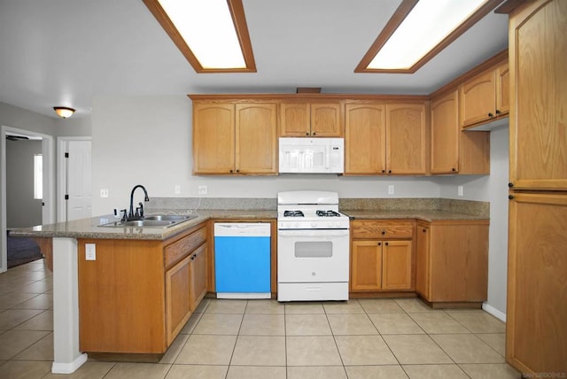 kitchen featuring kitchen peninsula, sink, light tile patterned floors, and white appliances