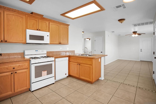 kitchen with kitchen peninsula, white appliances, ceiling fan, sink, and light tile patterned floors