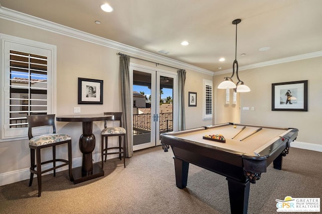 recreation room featuring crown molding, light colored carpet, and french doors