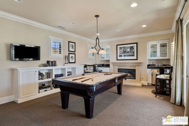 game room with crown molding, carpet floors, and pool table