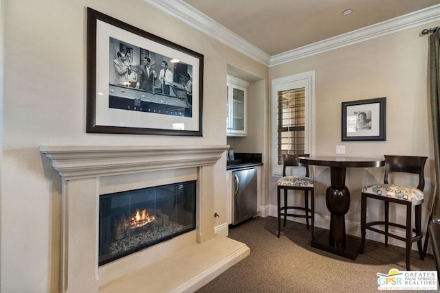 interior space with dark carpet and crown molding