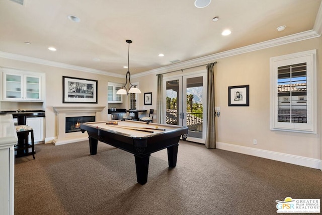 game room with ornamental molding, carpet flooring, pool table, and french doors