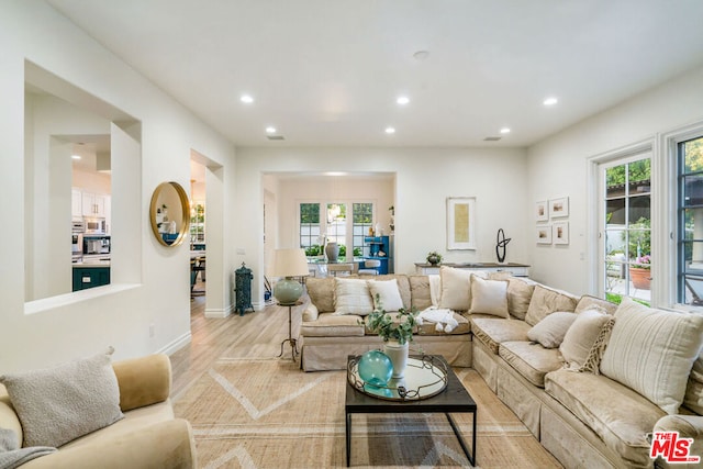 living room with a wealth of natural light and light hardwood / wood-style flooring