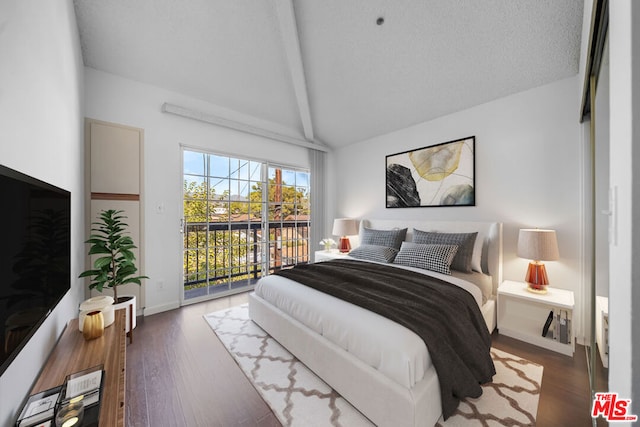 bedroom featuring a textured ceiling, vaulted ceiling with beams, access to exterior, and dark wood-type flooring