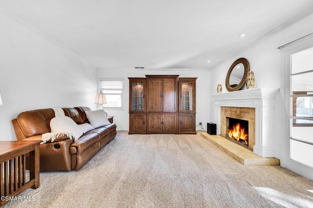 carpeted living room with a tiled fireplace and crown molding