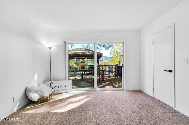 interior space featuring carpet flooring and crown molding