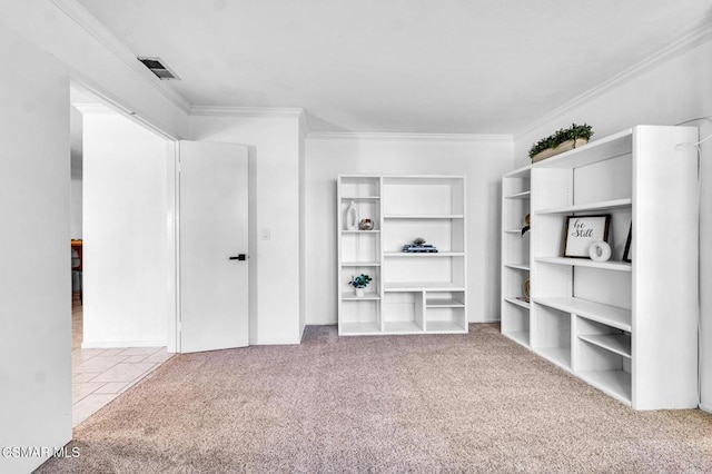 unfurnished living room with carpet floors and crown molding