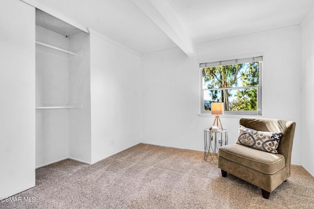 living area featuring carpet flooring, crown molding, and beam ceiling