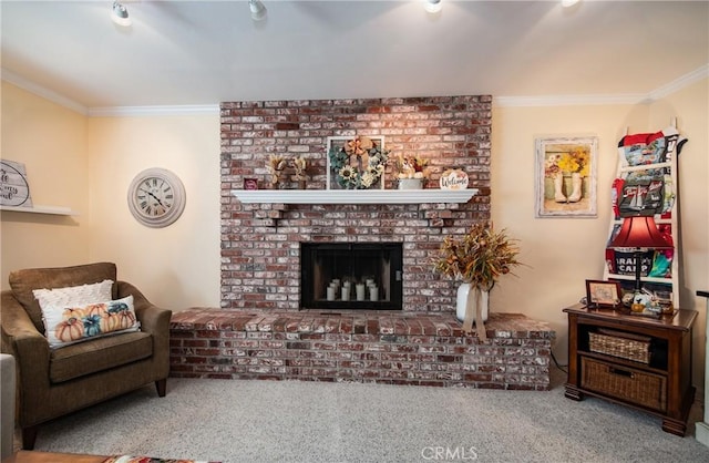 carpeted living room with a fireplace and crown molding