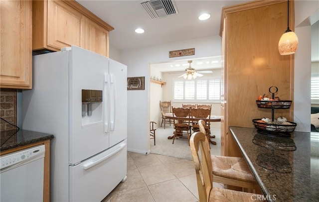 kitchen featuring white appliances, ceiling fan, pendant lighting, light tile patterned floors, and light brown cabinets