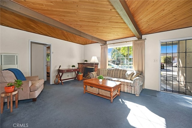 carpeted living room with beamed ceiling, wooden ceiling, and a fireplace