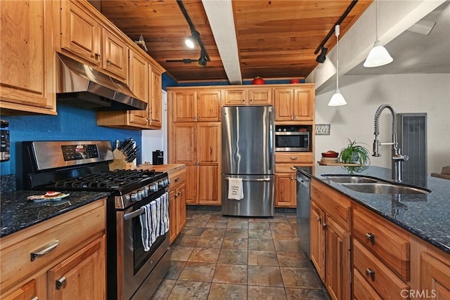 kitchen with wooden ceiling, sink, appliances with stainless steel finishes, decorative light fixtures, and beam ceiling