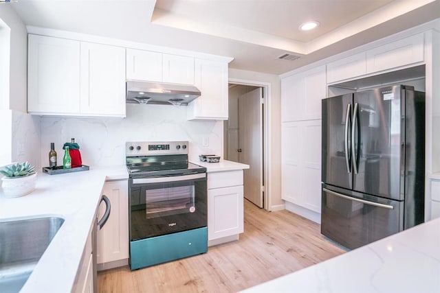 kitchen featuring a raised ceiling, white cabinetry, stainless steel appliances, and light wood-type flooring