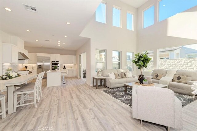 living room with a high ceiling, light hardwood / wood-style flooring, and a healthy amount of sunlight