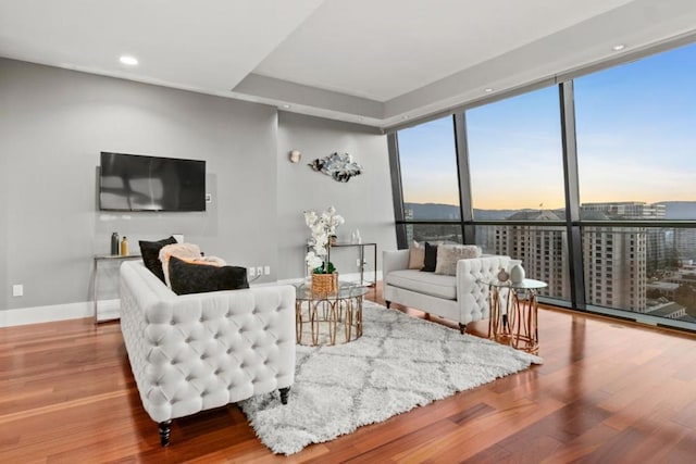 living room featuring hardwood / wood-style flooring and a wall of windows