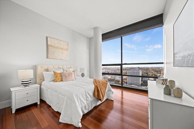 bedroom with dark hardwood / wood-style floors and floor to ceiling windows