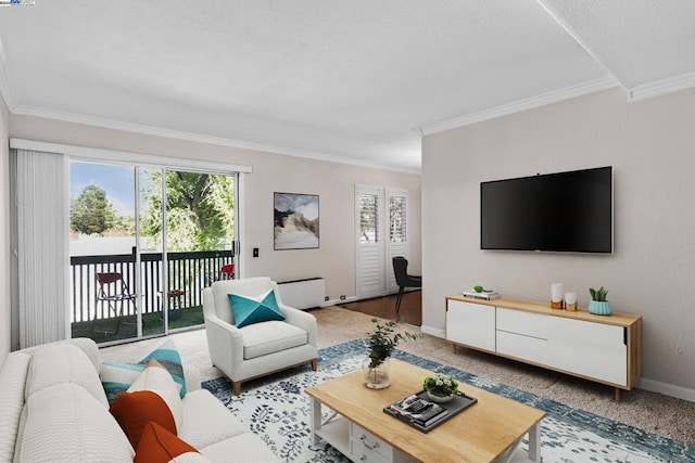 living room with ornamental molding