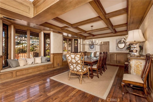 dining area featuring a notable chandelier, dark hardwood / wood-style flooring, coffered ceiling, and beamed ceiling