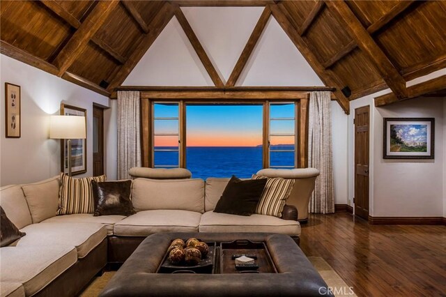 living room with wooden ceiling, a water view, hardwood / wood-style flooring, high vaulted ceiling, and beam ceiling