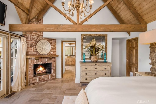 bedroom with wood ceiling, visible vents, beamed ceiling, and a fireplace