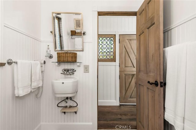 bathroom with hardwood / wood-style floors