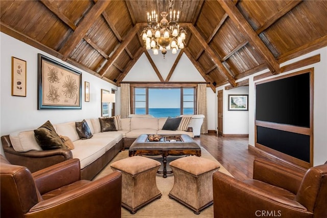 living room featuring a chandelier, lofted ceiling with beams, wood ceiling, and a water view