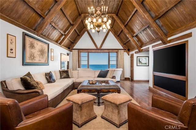 living room featuring wooden ceiling, high vaulted ceiling, an inviting chandelier, and wood finished floors