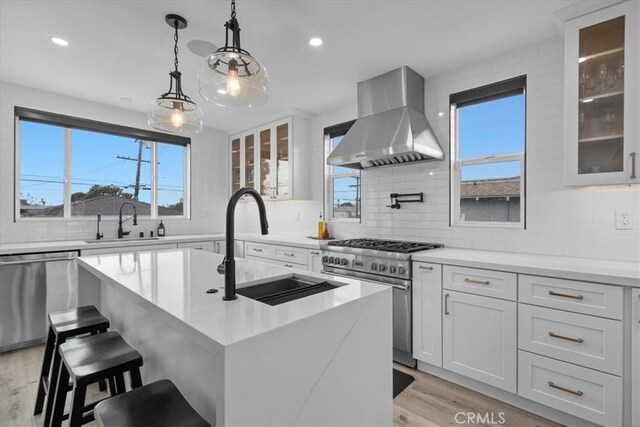 kitchen with decorative backsplash, stainless steel appliances, wall chimney range hood, a center island with sink, and white cabinets